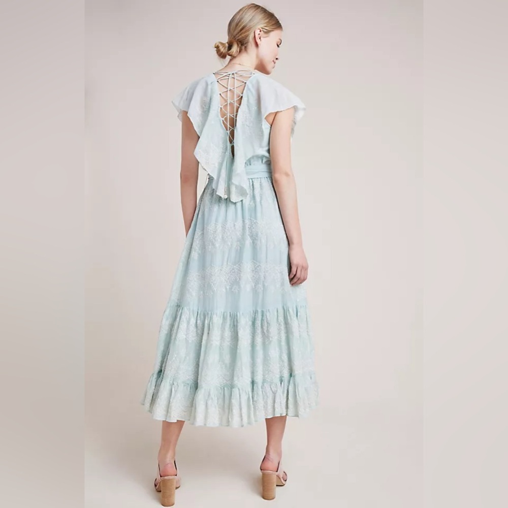 Anthropologie X Love Sam Amia Embroidered Lace-Up Maxi Dress